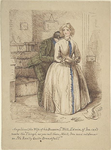 Design for "Hooking and Eyeing," a wood engraving published in "Punch" (recto); Sketch of two women and a man (verso) — John Leech