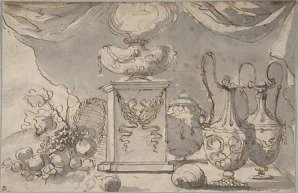 Still Life: Vases, a Cassolette on a Pedestal, and an Overturned Basket of Fruit — Jean Jacques Lagrenée