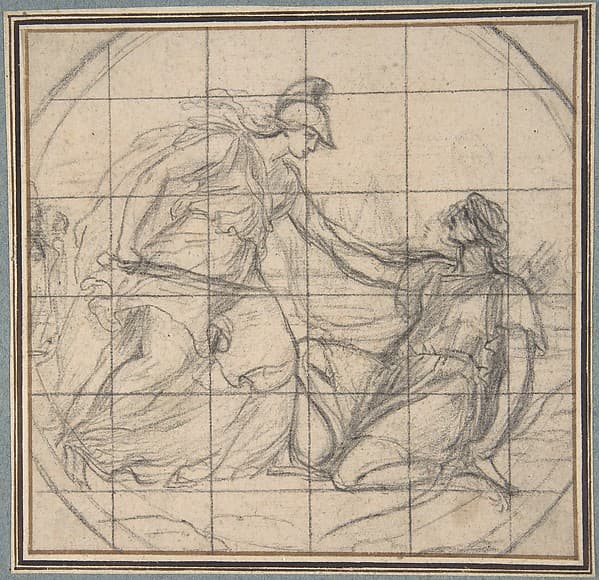 Design for a Medallion: Huntress Kneeling before an Armed Goddess — Eustache Le Sueur