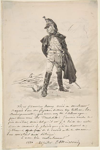 Letter to Samuel P. Avery with a drawing of a military figure — Ernest Meissonier