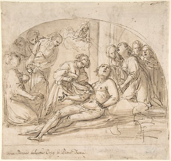 The Emperor Constantine Copronymous Burned by an Invisible Fire (recto); Studies of Sibyls and Angles (verso) — Giovanni Baglione