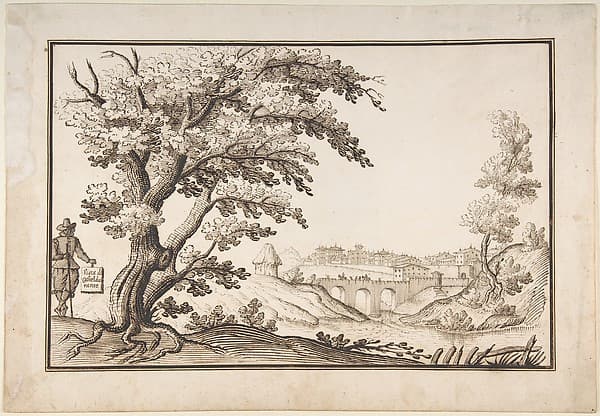 Framed Landscape with a View of Castel Durante with a Figure Holding an Inscribed Plaque in the Foreground — Ercole Bazicaluva