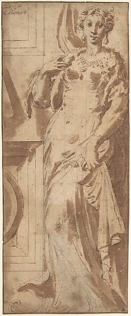 Standing Female Figure and Ornamental Framework — Girolamo Mazzola Bedoli