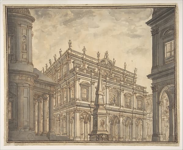 Design for a Stage Set: A Town Square with a Fountain — Ferdinando Galli Bibiena