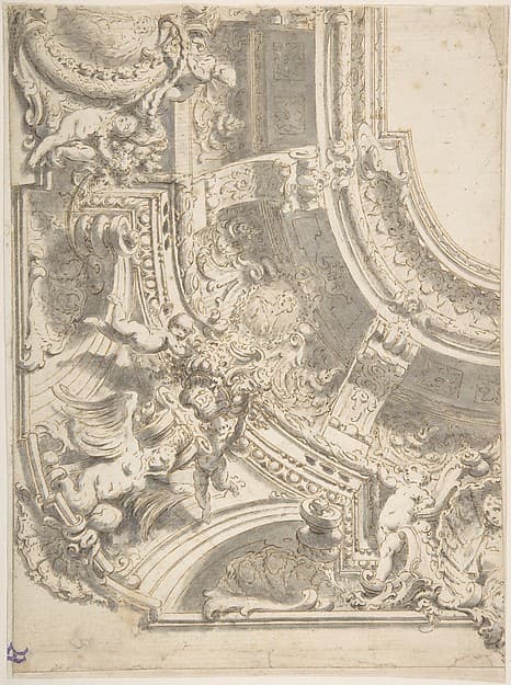 Design for a Decorated Ceiling with Statues and Stucco — Vittorio Maria Bigari