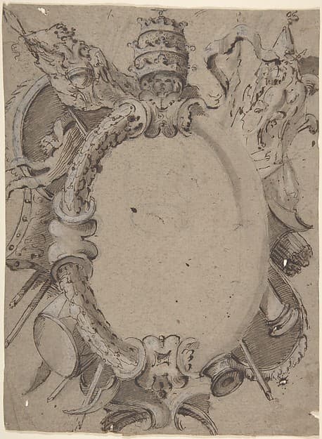 Design for Cartouche with Banners, Drums, Leaves and a Woman's Head with Tiara — Carlo Bianconi