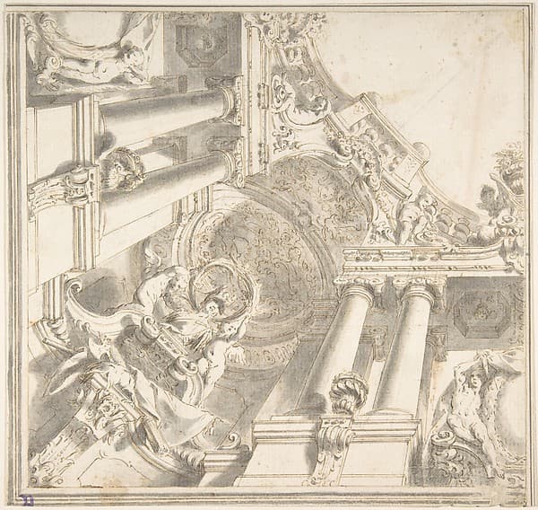 Design for a Quarter of a Trompe L'Oeil Ceiling with Architecture in the Ionic Order and a Statue of Victory — Vittorio Maria Bigari