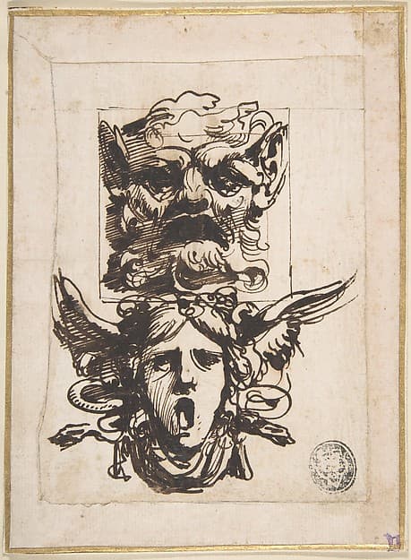 Design for Two Masks Shaped as Satyr and a Winged Medusa Head — Carlo Bianconi