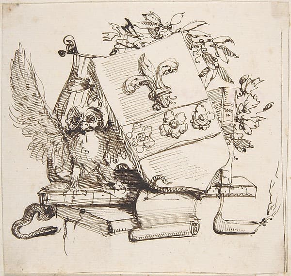 Drawing of a Decorated Coat of Arms surrounded by Books, Owl, Leaves, Vase and a Snake — Carlo Bianconi