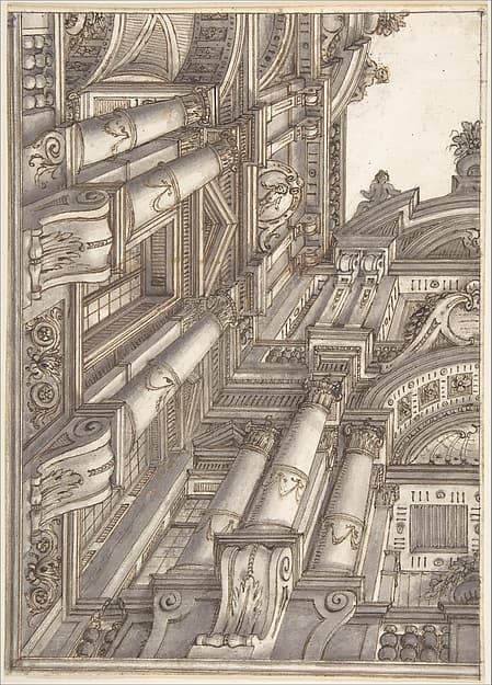 Foreshortened or Trompe L'Oeil View of the Architecture Surrounding a Courtyard — Ferdinando Galli Bibiena