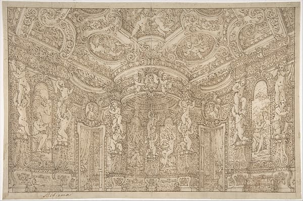 Design for a Stage Set of a Palace Interior Decorated with Putti, Garlands and Three Portrait Medallions — Ferdinando Galli Bibiena