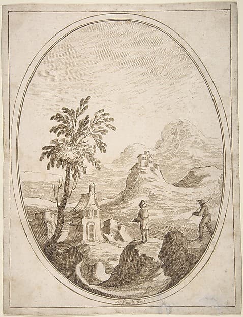 Vertical Oval Vignette of a Mountainous Landscape with Two Shepherds in the Foreground. — Carlo Antonio Buffagnotti