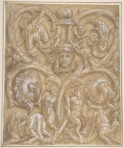 Design for an Ornamental Panel with Rinceaux, Satyrs, Putti, Monsters and a Human Head — Giulio Campi