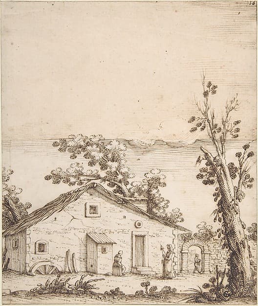 Three Figures by a Rustic Dwelling — Remigio Cantagallina