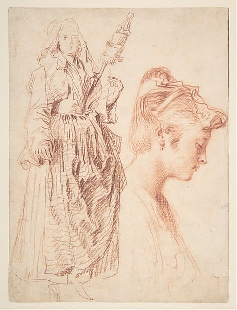 Studies of a Standing Woman Holding a Spindle and a Woman’s Head in Profile to the Right — Antoine Watteau