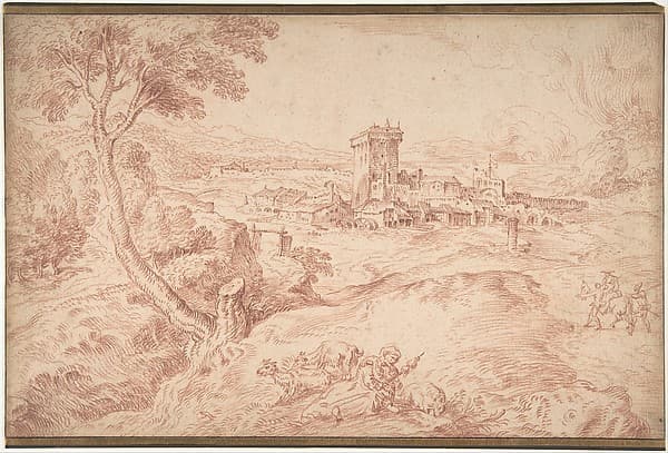 Landscape with an Old Woman Holding a Spindle, after Domenico Campagnola — Antoine Watteau