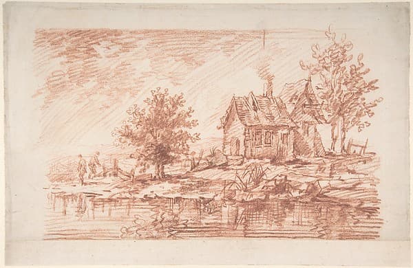 Farm House along a River, two figures at left — Antoine Watteau