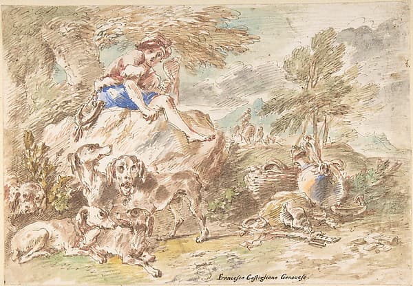 Young Hunter with His Dogs in a Landscape — Giovanni Francesco Castiglione