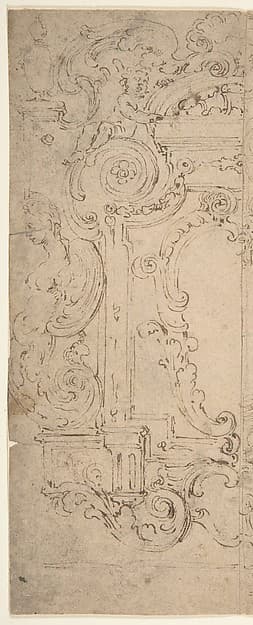 Two Alternative Designs for a Cartouche Decorated with a Frame, Statues, and Volutes — Michelangelo Colonna