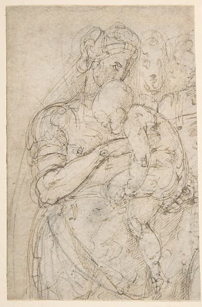 Standing Virgin with Child, Two Heads at Upper Right (recto); Sketch of Steps (verso) — Battista Franco