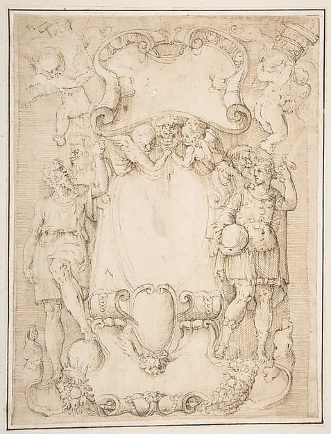 Drawing of Cartouche with Bearded Man Left, Young man crowned with Laurels Right, and Four Putti — Battista Franco