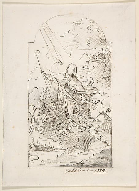 Saint Januarius Saving Naples from an Eruption of Mt. Vesuvius. Verso: Small sketch of similar scene — Anton Domenico Gabbiani