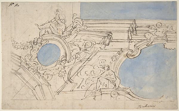 A Foreshortened View of a Ceiling Corner Decorated with Statues, Putti and Garlands — Luigi Garzi