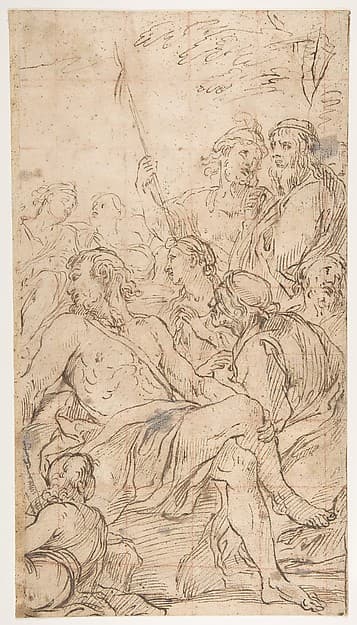 Fragment of a Composition with a Reclining Semi-Nude Man Surrounded by Soldiers and Other Onlookers in a Landscape — Luca Giordano