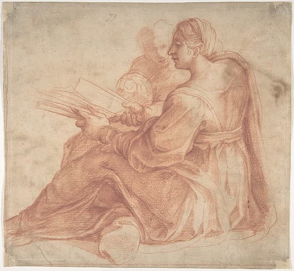Seated Sibyl and Attendant Genius (recto); Study of the Head of a Horse in Profile (verso) — Pirro Ligorio