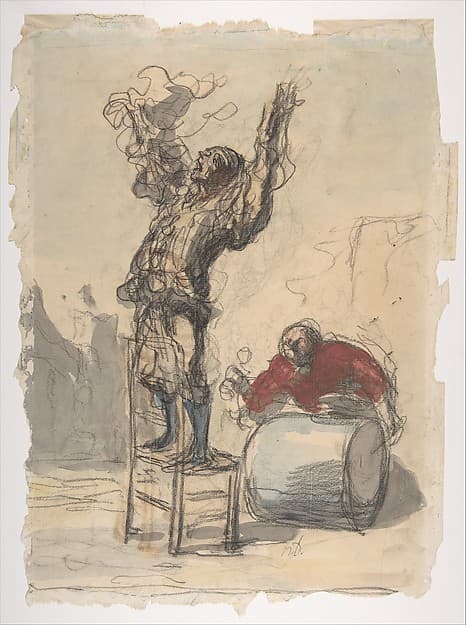 Street Show (Paillasse) (recto); a clown playing a drum (verso) — Honoré Daumier