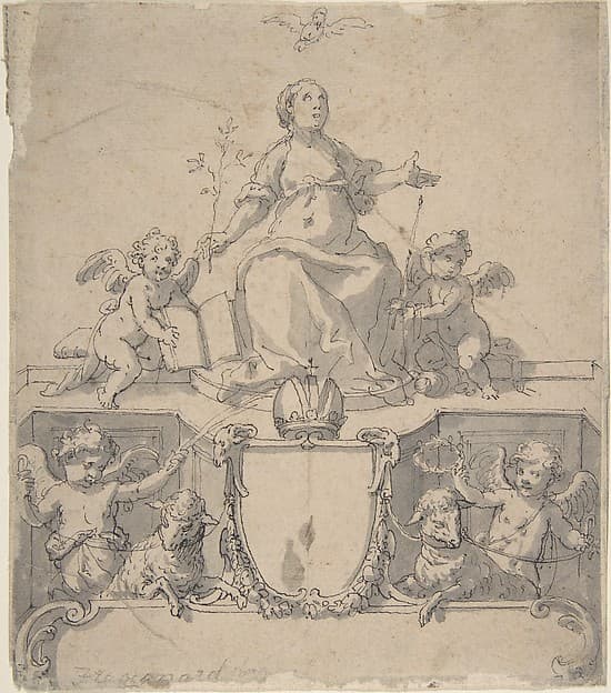 Cartouche with a Crown, the Virgin (?) and the Holy Ghost, and Four Putti — Johann Matthias Kager