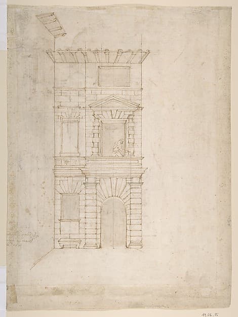 Elevation of Giulio Romano's House (recto); the Ruins from the Caelius Aqueduct and Temple of Claudius in Rome (verso) — Giovanni Battista Naldini