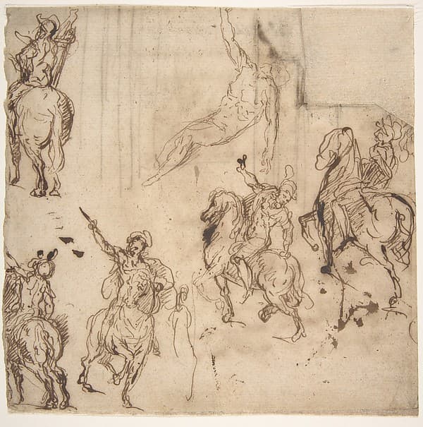 Studies of Horsemen and Study of a Figure for a Deposition (recto); Sketch for an Entablature (verso) — Jacopo Palma the Younger