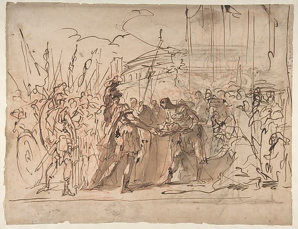 The Head of Pompey Presented to Julius Caesar (recto); Study for an Elaborate Door Frame (verso) — Giovanni Antonio Pellegrini