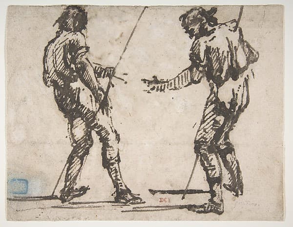 Two Men Holding Long Staffs (recto); Proof impression of part of an etching, and scribbles in the artist's hand (verso) — Giovanni Battista Piranesi