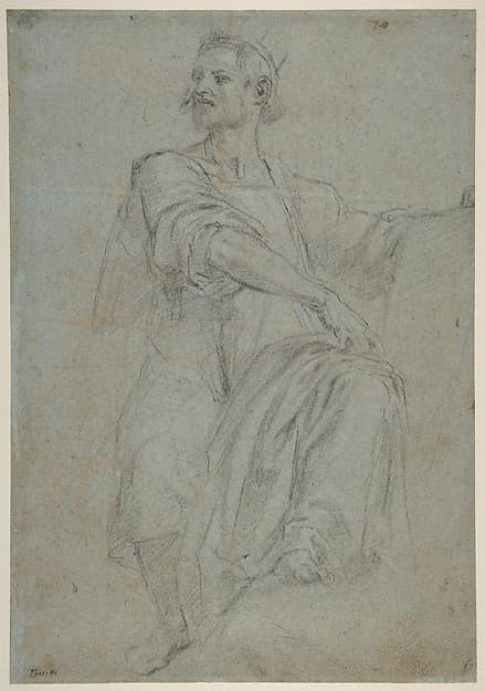 Seated Crowned Male Figure Holding a Book or Scroll (recto); Seated Nude Boy (verso) — Bernardino Poccetti
