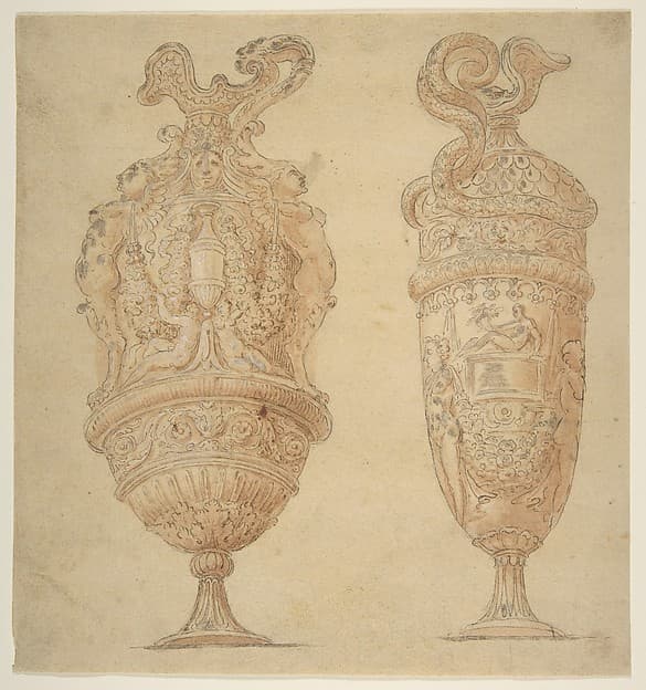 Two Urns Decorated with Human Figures, Animals and Garlands — Polidoro da Caravaggio