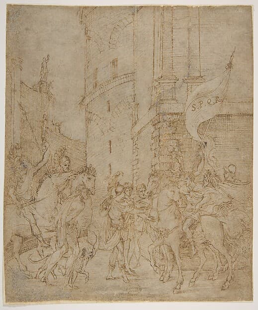 Emperor greeted by a warrior — Marcantonio Raimondi