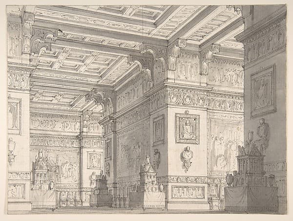 Design for a Stage Set?:Interior of a Stateroom with Four Tables Displaying Urns and Tabernacles. — Alessandro Sanquirico