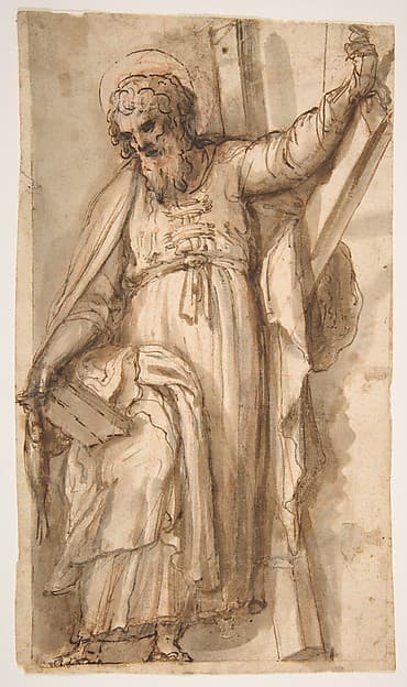 Saint Andrew, Apostle, with Transverse Cross, Book, and Fish, (recto); Architectural sketch (verso) — Fabrizio Santafede