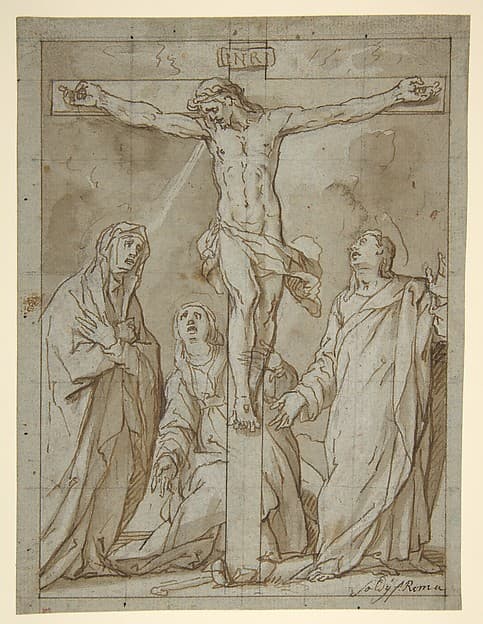 Christ Crucified, Attended by the Virgin, Saint Mary Magdalen, and Saint John the Evangelist — Lazzaro Tavarone