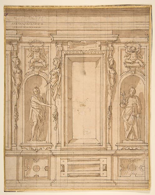 Wall Elevation with a Window and Statues of Saint John the Baptist and Saint Peter in Niches — Lazzaro Tavarone