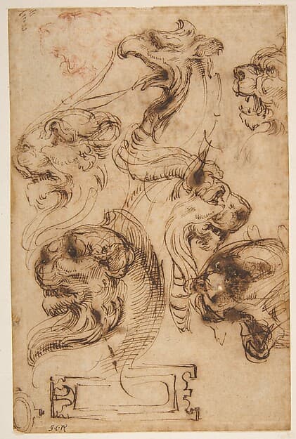 Six Studies of Animal Heads and of a Cartouche — Pellegrino Tibaldi