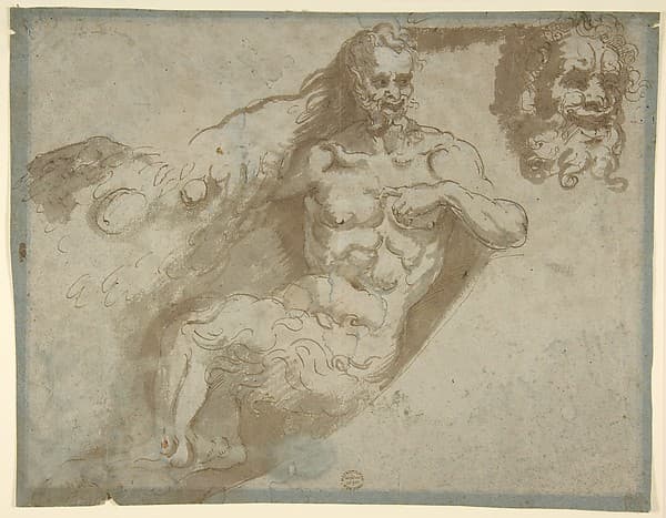 Seated satyr, with enlarged head of same (recto); Head of a woman (verso) — Pellegrino Tibaldi