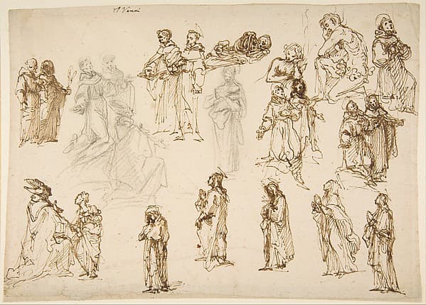 Figure Studies: Standing and Kneeling Clerics and Religious, Adam and Eve, and a Reclining Skeleton — Francesco Vanni