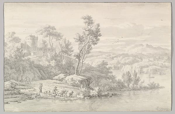 Southern Landscape with Figures and Cattle at a River — Jan van der Meer the Younger