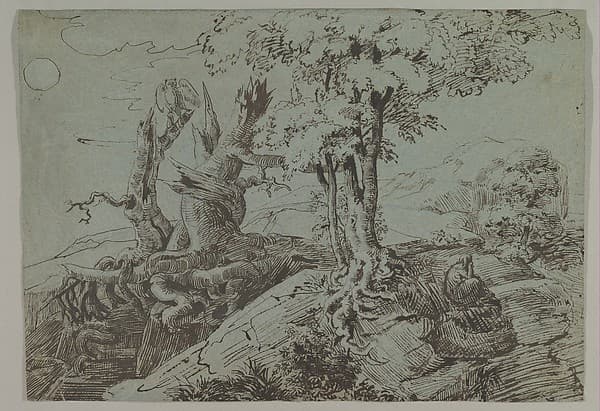 Rugged Moonlit Landscape with a Woman Seated by Gnarled Tree Roots, and an Owl — Ludwig Emil Grimm