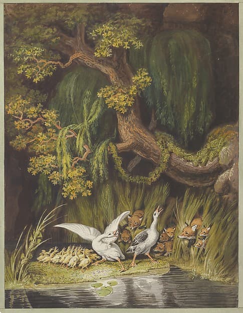 A Goose and a Gander with their Goslings Honking in Alarm as Two Foxes with their Cubs Emerge from the Rushes — Johann Heinrich Wilhelm Tischbein