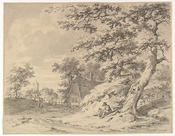 A  Forest Edge with Peasants and a Village in the Background; verso: Landscape Sketch — Pieter Barbiers II