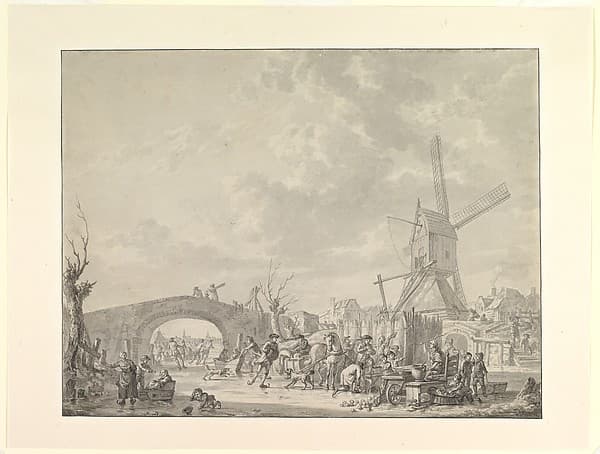 Winter Landscape with Skaters and Sledges on the Ice, a Bridge and a Mill behind — Abraham van Strij
